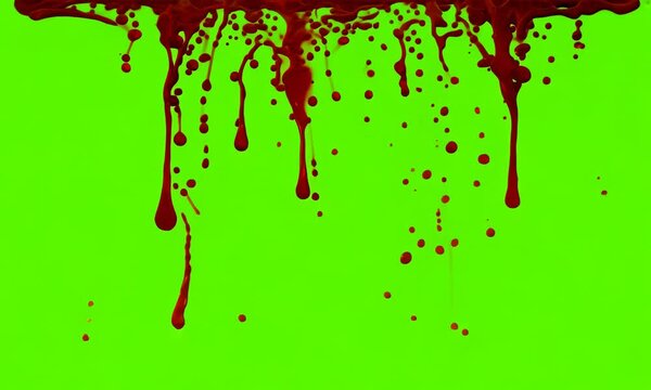 Red blood dripping down along animation on the green screen background