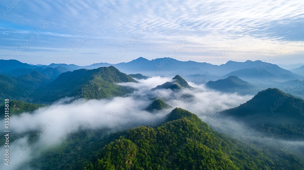 Poster majestic aerial view of lush green mountains surrounded by fog and mist under a serene sky : generat