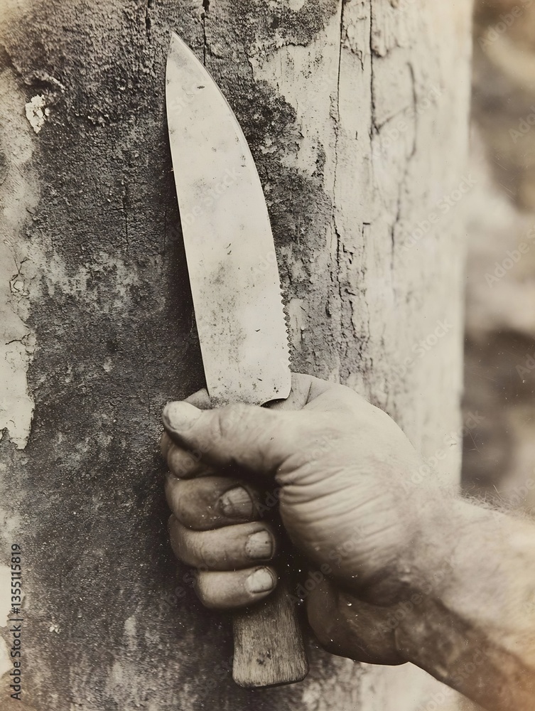 Poster Close Up of a Hand Holding a Vintage Knife against a Rough Surface for Authentic Craftsmanship : Generative AI