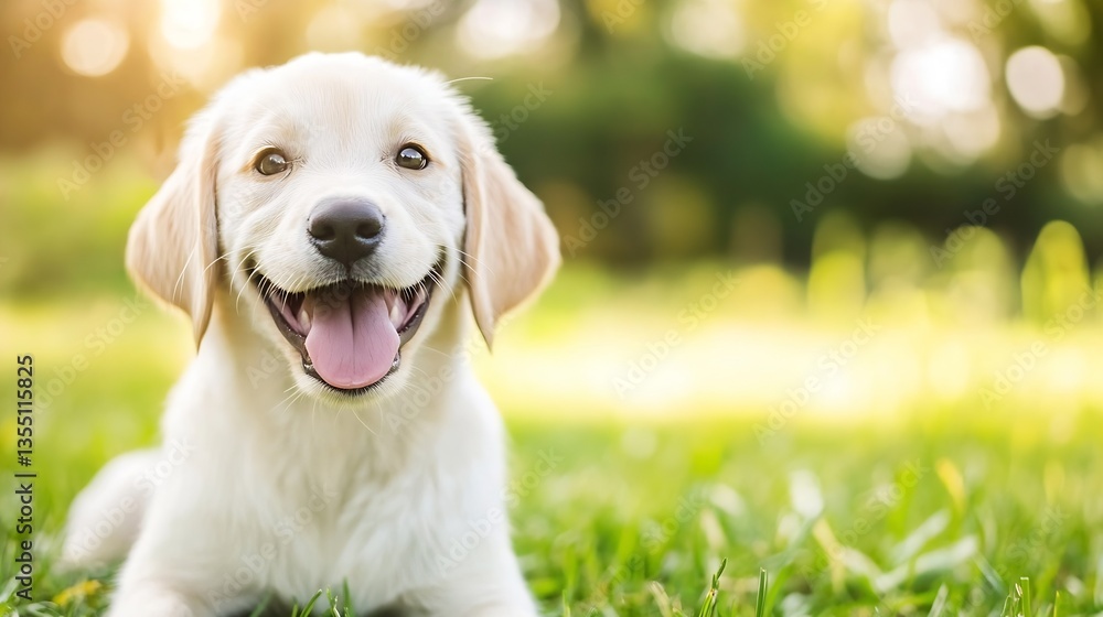 Poster adorable happy puppy enjoying a sunny day in a green grassy field with a bright smile : generative a