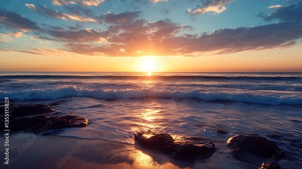Aufkleber golden sunset over gentle ocean waves with rocky shoreline creating a serene coastal view : generati