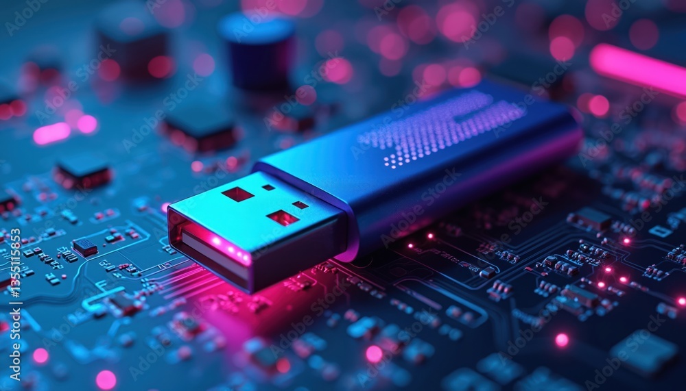 Aufkleber futuristic digital usb stick with blue, purple neon lights. cyber background circuit board, electron