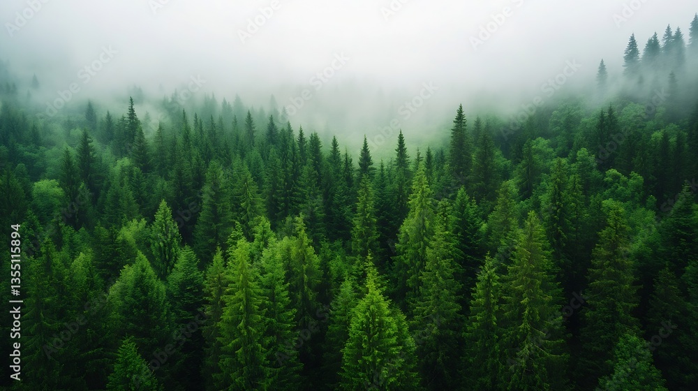 Aufkleber Aerial view of dense evergreen forest shrouded in mist creating a mystical atmosphere : Generative AI