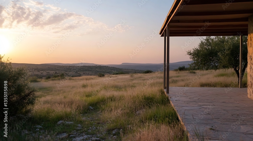 Aufkleber Breathtaking scenic view of a rustic cabin in an open field during sunset with golden light illuminating the landscape : Generative AI