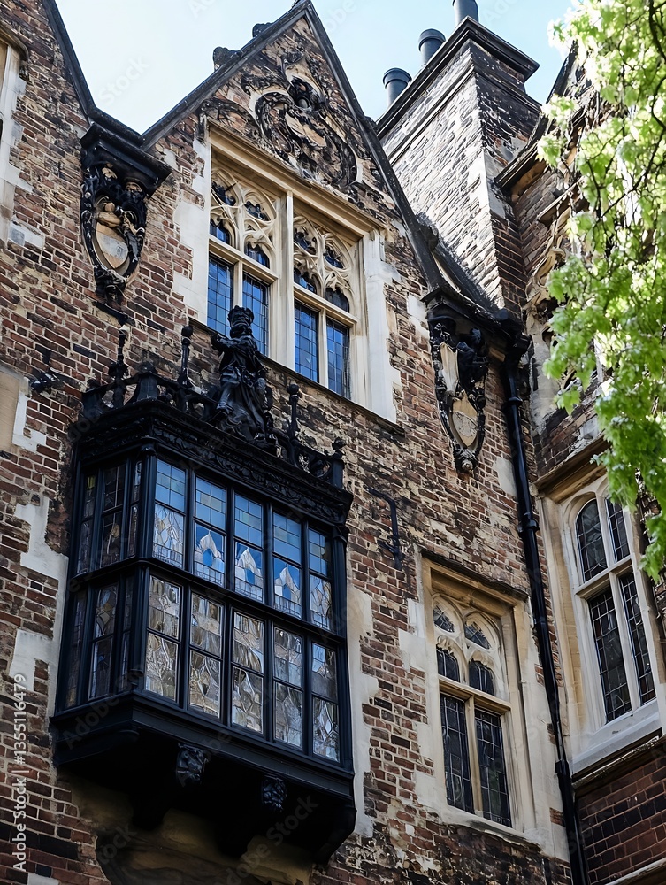 Poster historic architectural detail of an old stone building with intricate windows : generative ai
