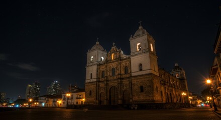 Fototapeta premium Night View of Historic Cathedral - Illuminated cathedral at night, showcasing its architecture against a dark sky. City buildings visible in the background