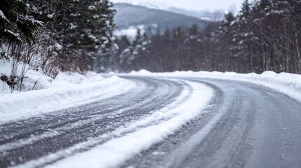 Obraz premium Winding road surrounded by snowcovered terrain in a serene winter landscape with trees in the distance : Generative AI