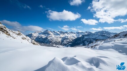 Stunning Mountain Range Under a Bright Blue Sky with Fluffy Clouds Above : Generative AI