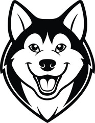 Smiling Husky Head Vector Black and White Dog Logo Clipart
