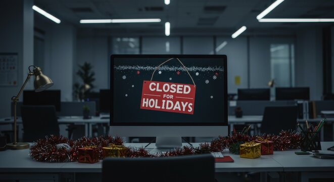 Office Closed for Holidays - Empty office, computer screen displaying "Closed for Holidays," festive decorations, symbolizing break, relaxation, season's greetings, and year-end closure