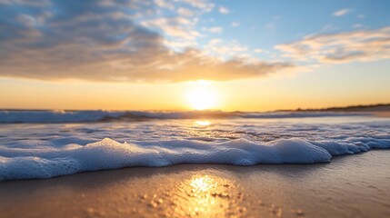 Obraz premium Serene Sunrise over Calm Waves Gently Rolling onto Sandy Beach Shore with Reflective Ocean Surface : Generative AI