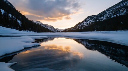 Serene winter landscape with snow covered mountains reflecting on tranquil lake at sunset : Generative AI