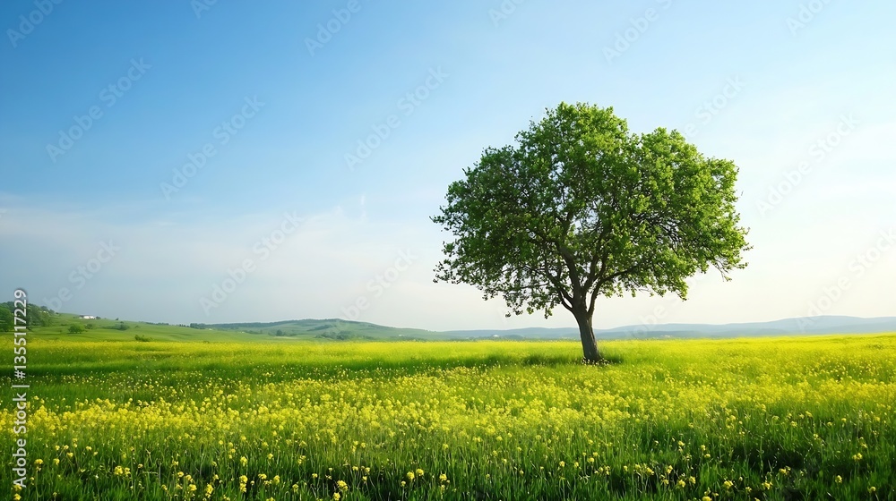 Poster lush green tree standing in a vibrant yellow flower field on a sunny day : generative ai