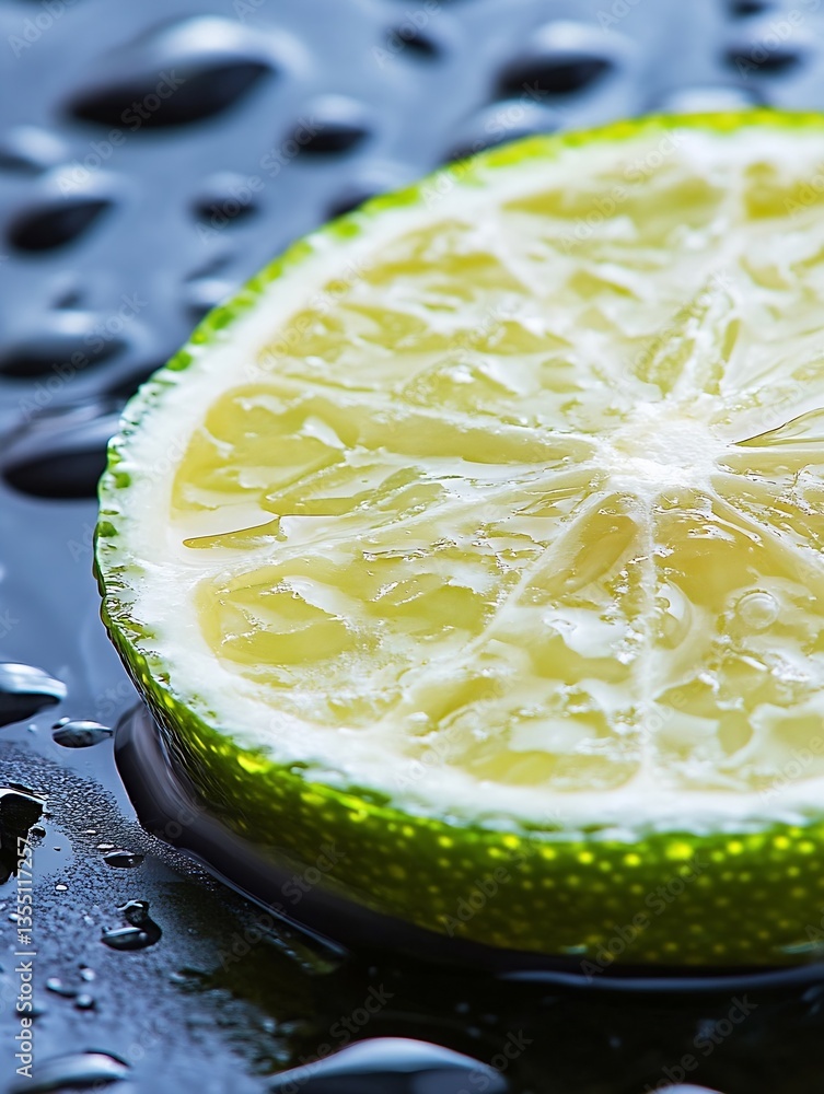Fototapete juicy lime slice with water droplets resting on a dark background creating a refreshing vibe : gener
