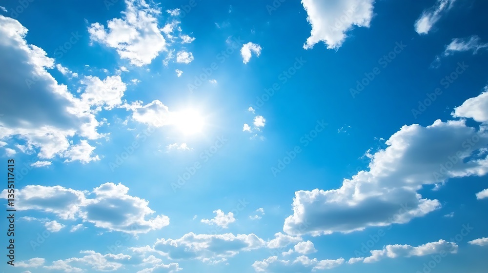 Poster Bright blue sky with white fluffy clouds and radiant sunshine creating a serene atmosphere : Generative AI