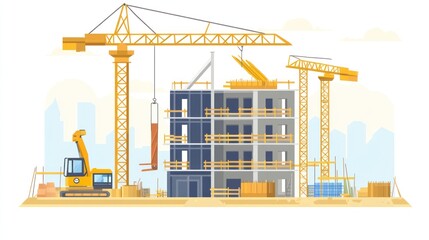 Construction site, cranes, building under construction, city skyline, progress,  flat design,  illustration,  commercial use