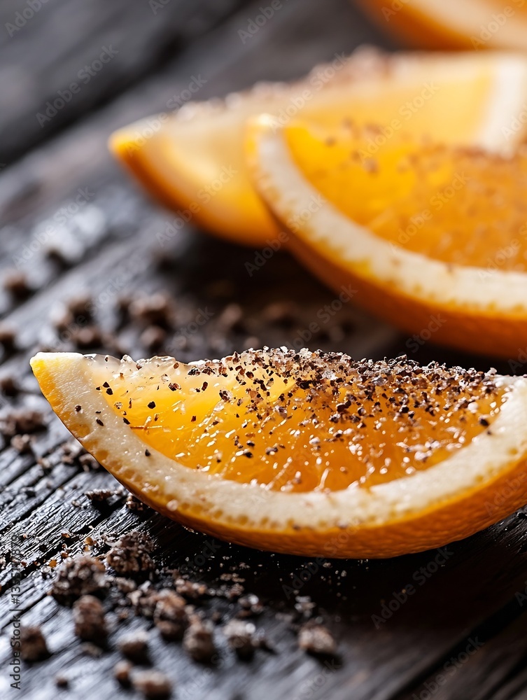 Poster closeup of fresh orange slices sprinkled with dark spice on wooden table presenting vibrant colors a