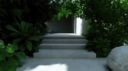 Obraz premium Modern concrete steps leading to a patio, surrounded by lush tropical greenery