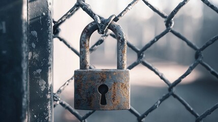 A rusty padlock on a chain-link fence.