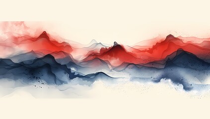 Abstract Mountain Range Ink Wash Painting with Red and Blue Tones
