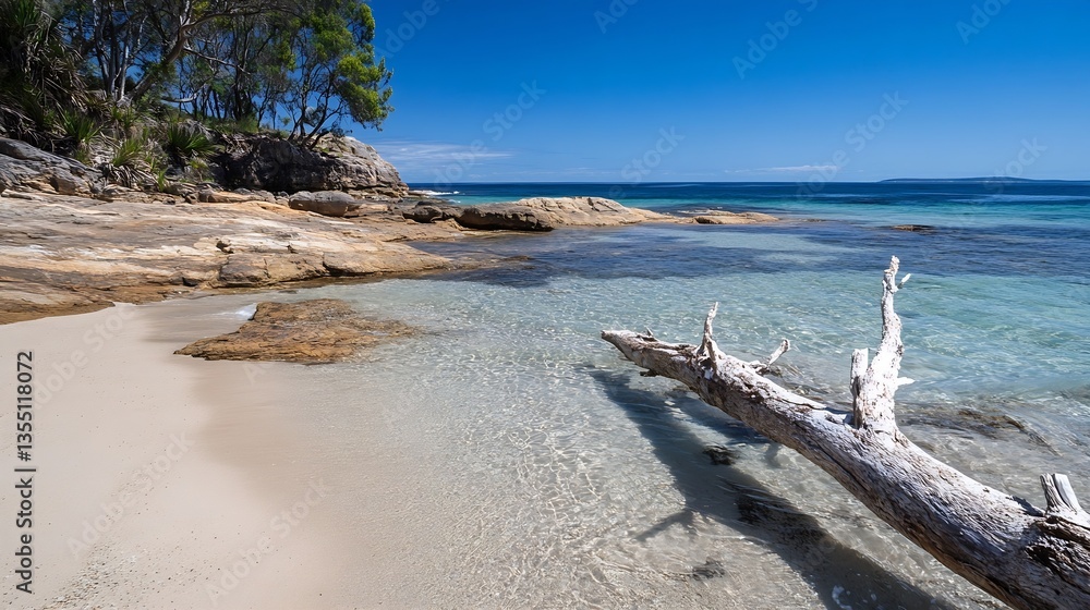 Poster idyllic beach scene with clear water and a fallen driftwood log : generative ai