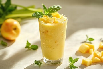 Fototapeta premium Fresh Mango Smoothie in a Glass with Mint and Fruit Garnish 