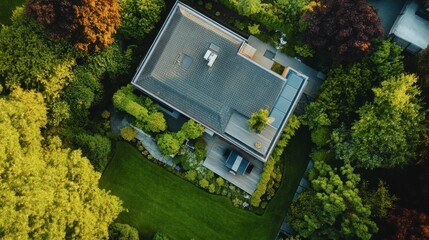 Aerial View of Modern House Surrounded by Lush Green Landscape