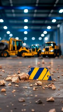 Construction site with machinery working in the background, debris scattered on the ground