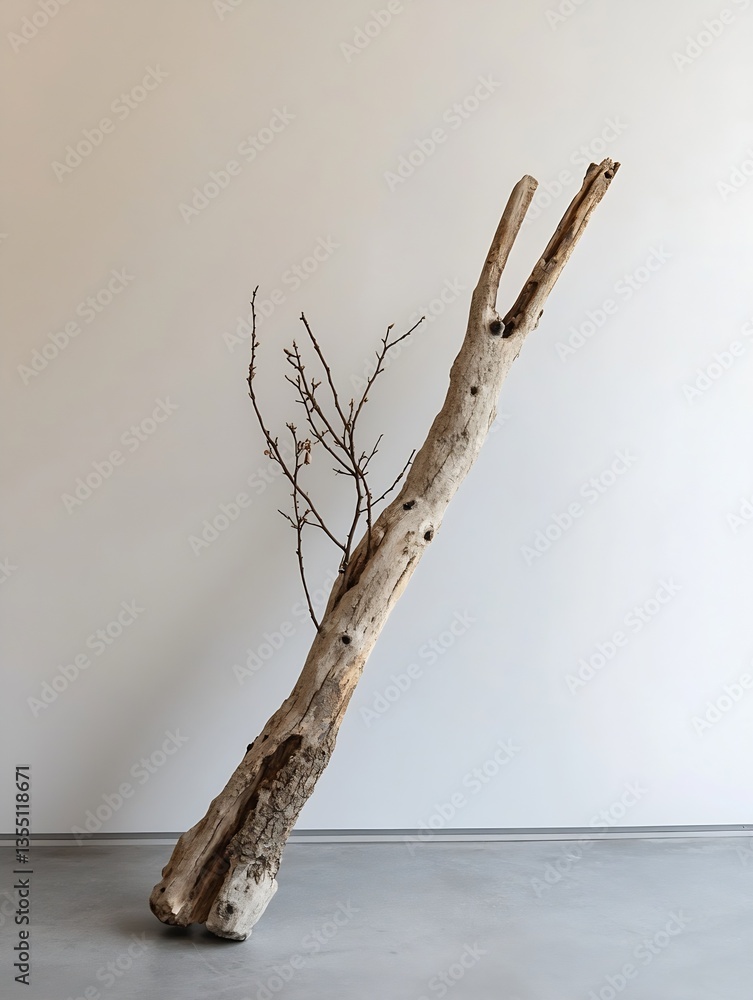 Poster artistic display of a leaning wooden branch incorporated into a minimalist interior design setting :