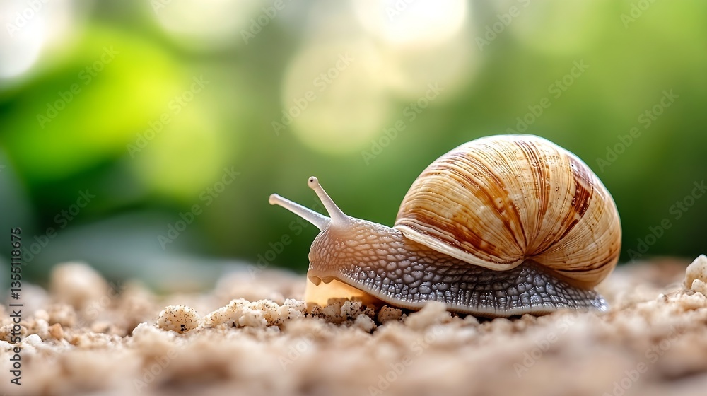 Poster close up of a snail crawling on a sandy surface surrounded by natural green background to show wildl