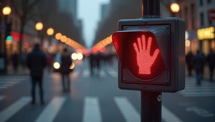 Pedestrian crossing signal shows red hand, people waiting to cross street, pedestrian red signal, safety in traffic. Urban scene, city life, traffic control, safety compliance.