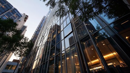 Fototapeta premium Modern skyscraper reflecting city skyline in the golden hour light showcasing architectural beauty : Generative AI