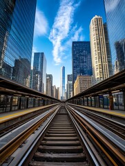 Naklejka premium Urban city landscape with train tracks leading towards towering skyscrapers under a vibrant sky : Generative AI