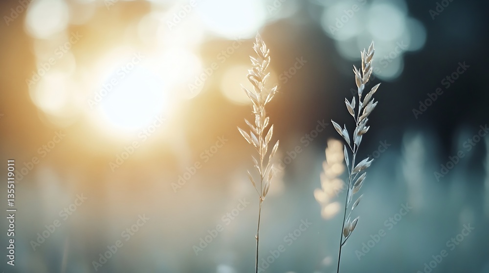 Poster closeup of delicate grass against soft sunlight in a serene natural environment : generative ai