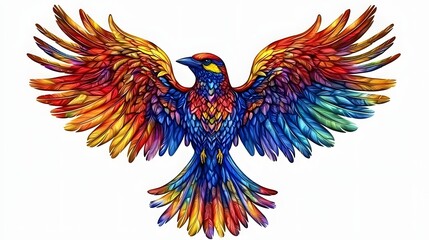 Obraz premium Colorful Vibrant Bird Spreading Its Wings with Detailed Feathers in an Artistic Illustration
