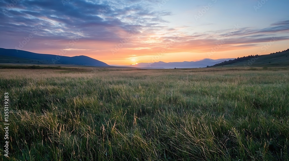 Poster breathtaking sunset over a lush grassy field framed by distant mountains and colorful clouds : gener