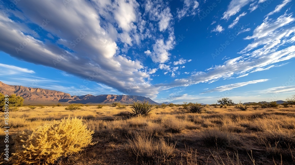 Poster stunning panoramic view of vast desert landscape under blue sky with dramatic clouds : generative ai