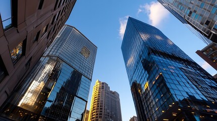 Stunning urban skyline view with modern skyscrapers reflecting clouds and sunlight : Generative AI
