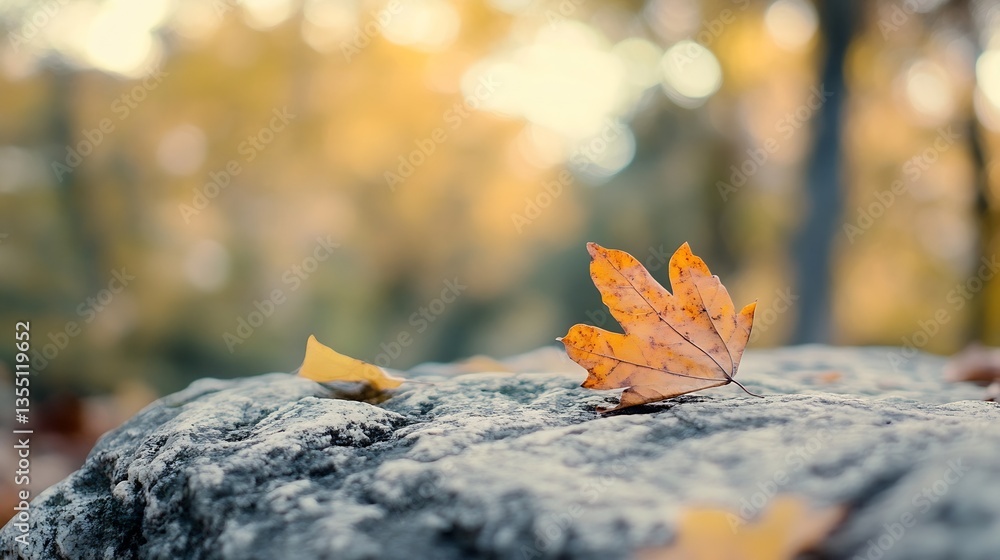 Leinwandbilder Single autumn maple leaf resting on a mossy rock surrounded by softly blurred background colors of fall scenery : Generative AI
