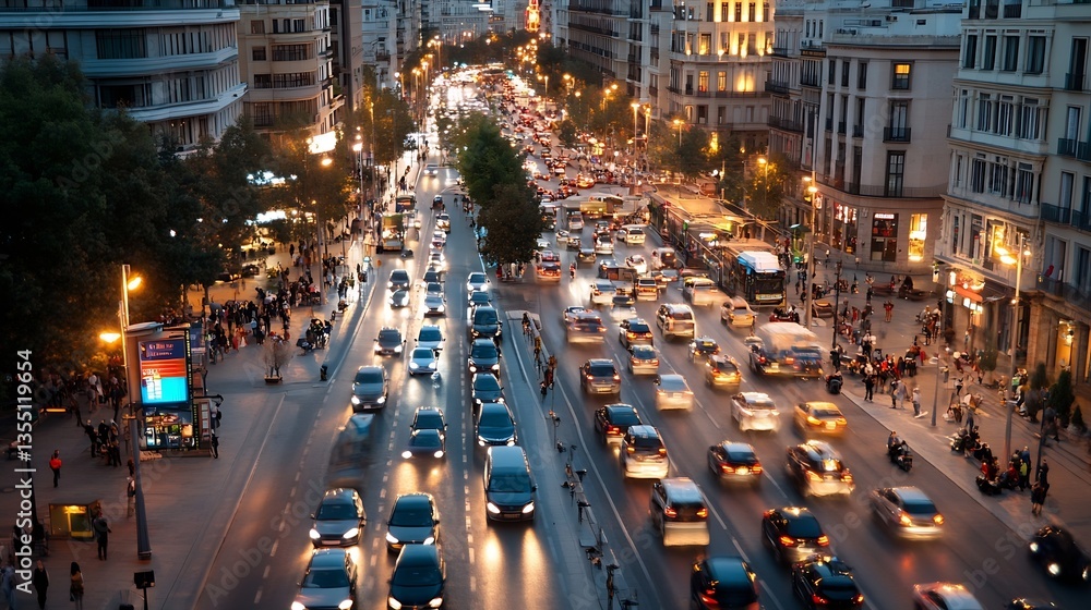 Poster bustling city traffic scene at twilight with cars and illuminated buildings creating dynamic energy 