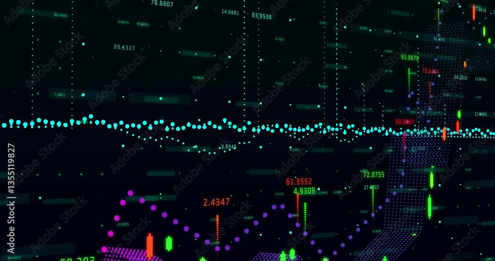 Poster Animating financial data with fluctuating graphs and numerical indicators on screen