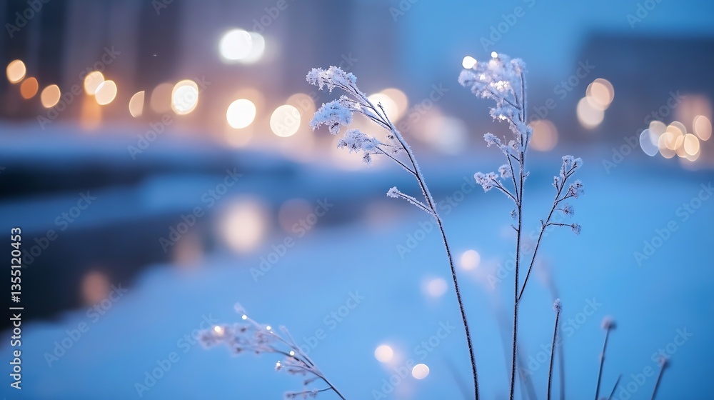 Aufkleber Frosty grass stems captured in soft focus with twinkling lights creating a winter atmosphere : Generative AI
