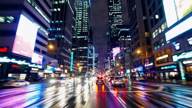 Bright Motion trough city by night. Timelapse of the Night Rush Drive in a Big City. Speedy Car Driving the Highway With a Lot of Lights and Traffic, Overtaking Other Vehicles and Passing by City Buil