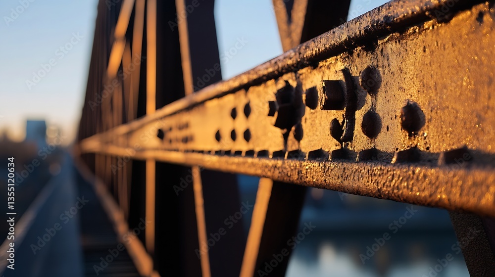 Leinwandbilder Closeup view of weathered metal bridge structure highlighting intricate textures and patterns in golden light : Generative AI