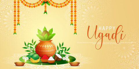 Happy Ugadi, New Year's Day according to the Hindu calendar - banner template design including Kalash, banana leaf, green mango, flowers, rangoli and diya.