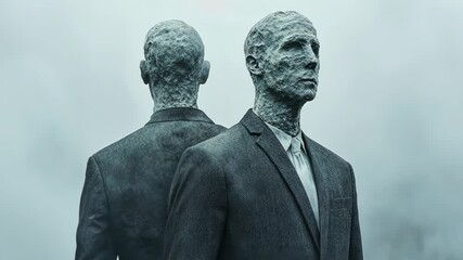 Two abstract humanoid sculptures in grey suits standing back to back on a foggy day in an outdoor park setting