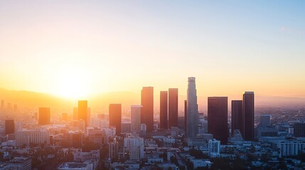 Fototapeta premium Urban skyline silhouette at sunset with vibrant colors illuminating the silhouette of skyscrapers in Los Angeles : Generative AI