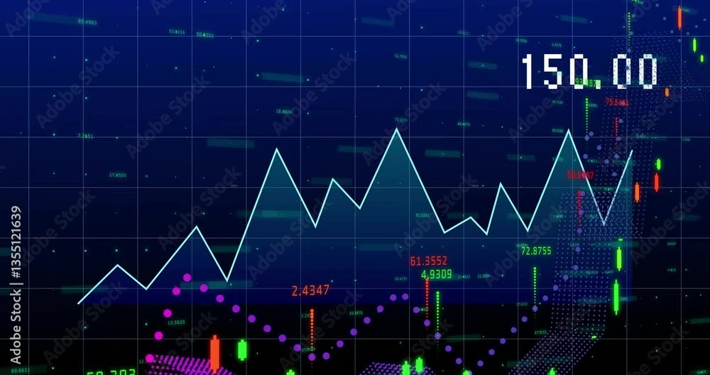 Poster Animation of fluctuating stock prices with data points on blue background