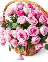 Delicate pink roses overflowing a wicker basket, isolated on white, white background, wicker