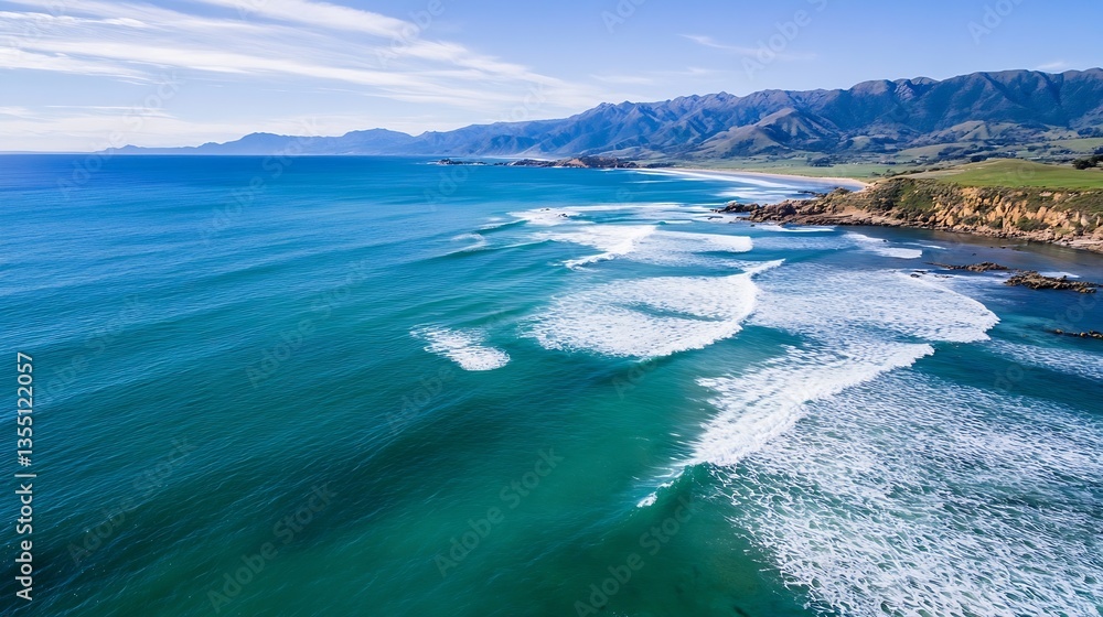 Poster breathtaking aerial view of a tranquil ocean meeting the mountains with waves : generative ai